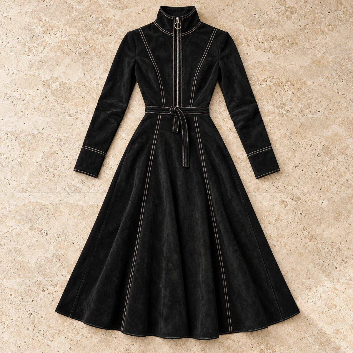 Belted Midi Dress | Lucille in Black, flatlay view