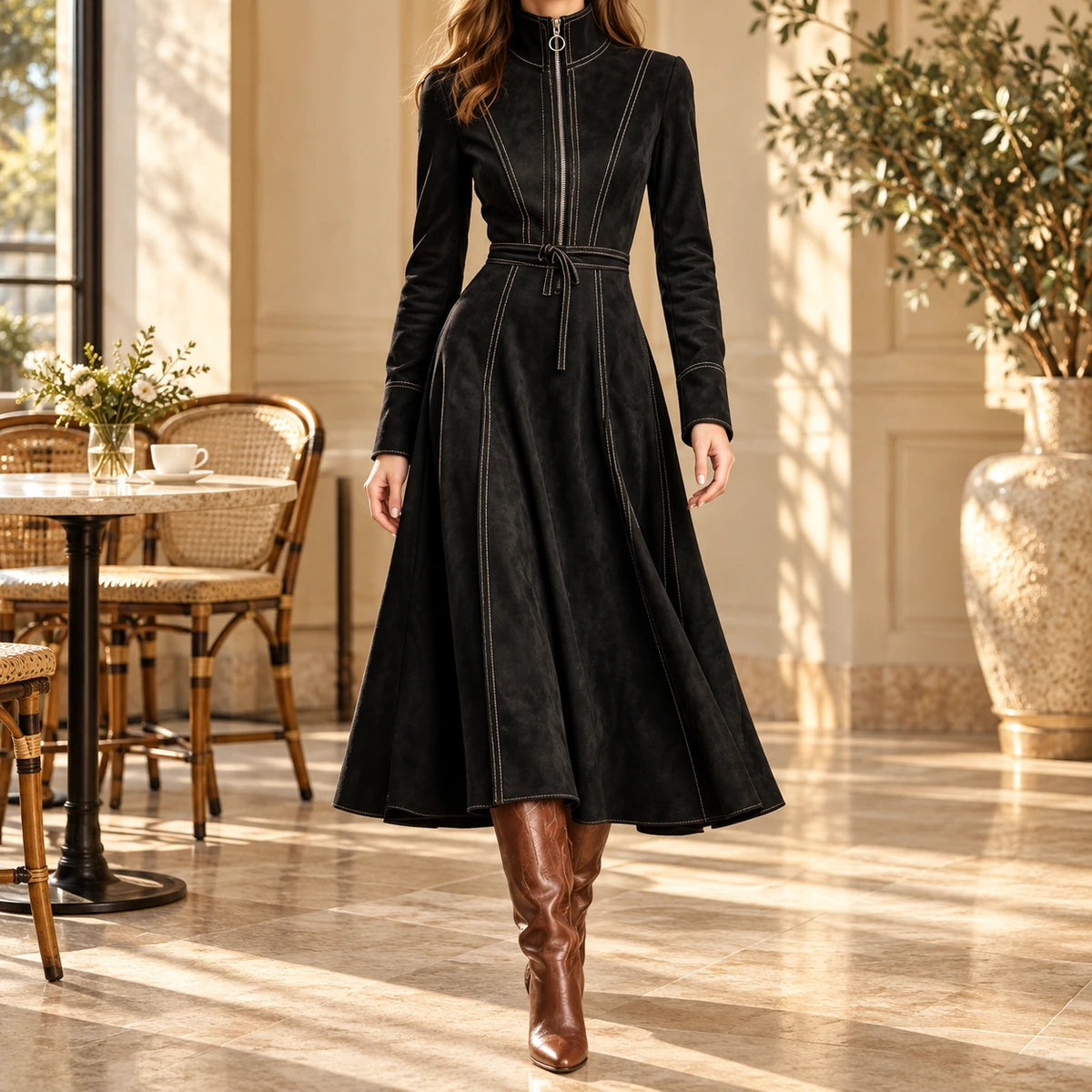 Belted Midi Dress | Lucille in Black, lifestyle view