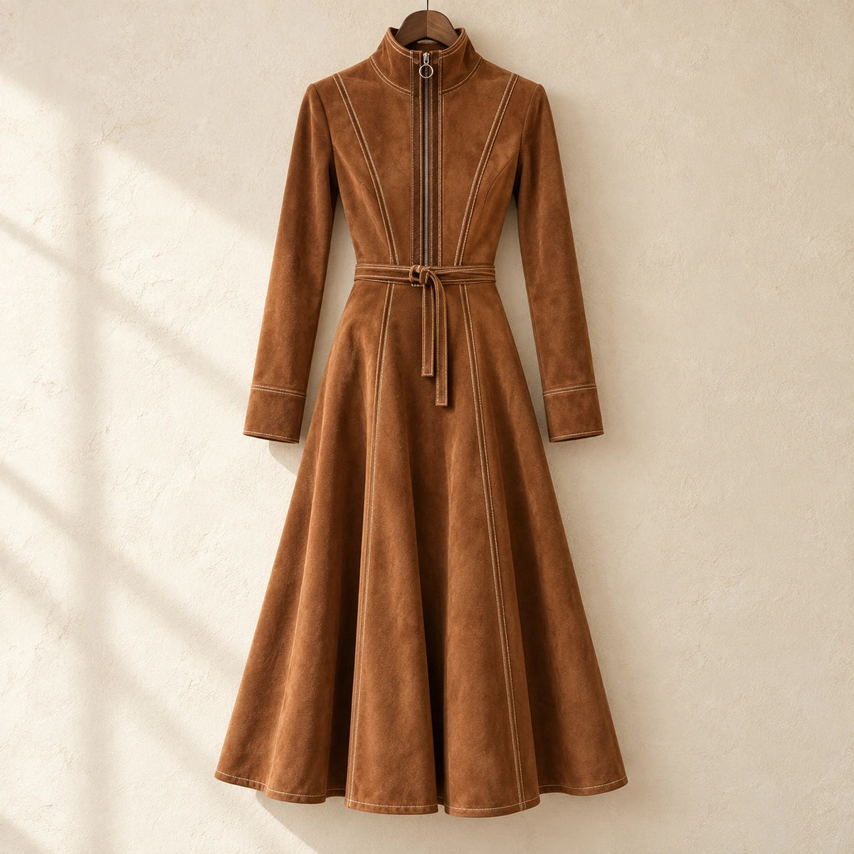 Belted Midi Dress | Lucille in Brown, front view