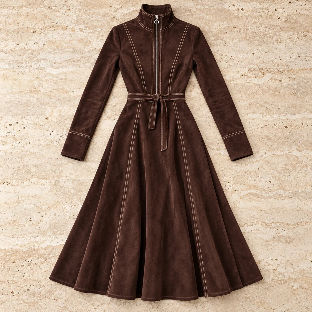 Belted Midi Dress | Lucille in Dark Brown, flatlay view