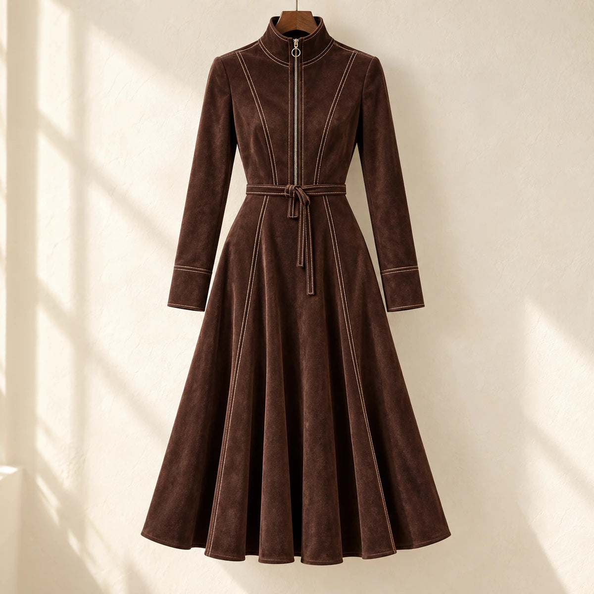 Belted Midi Dress | Lucille in Dark Brown, front view