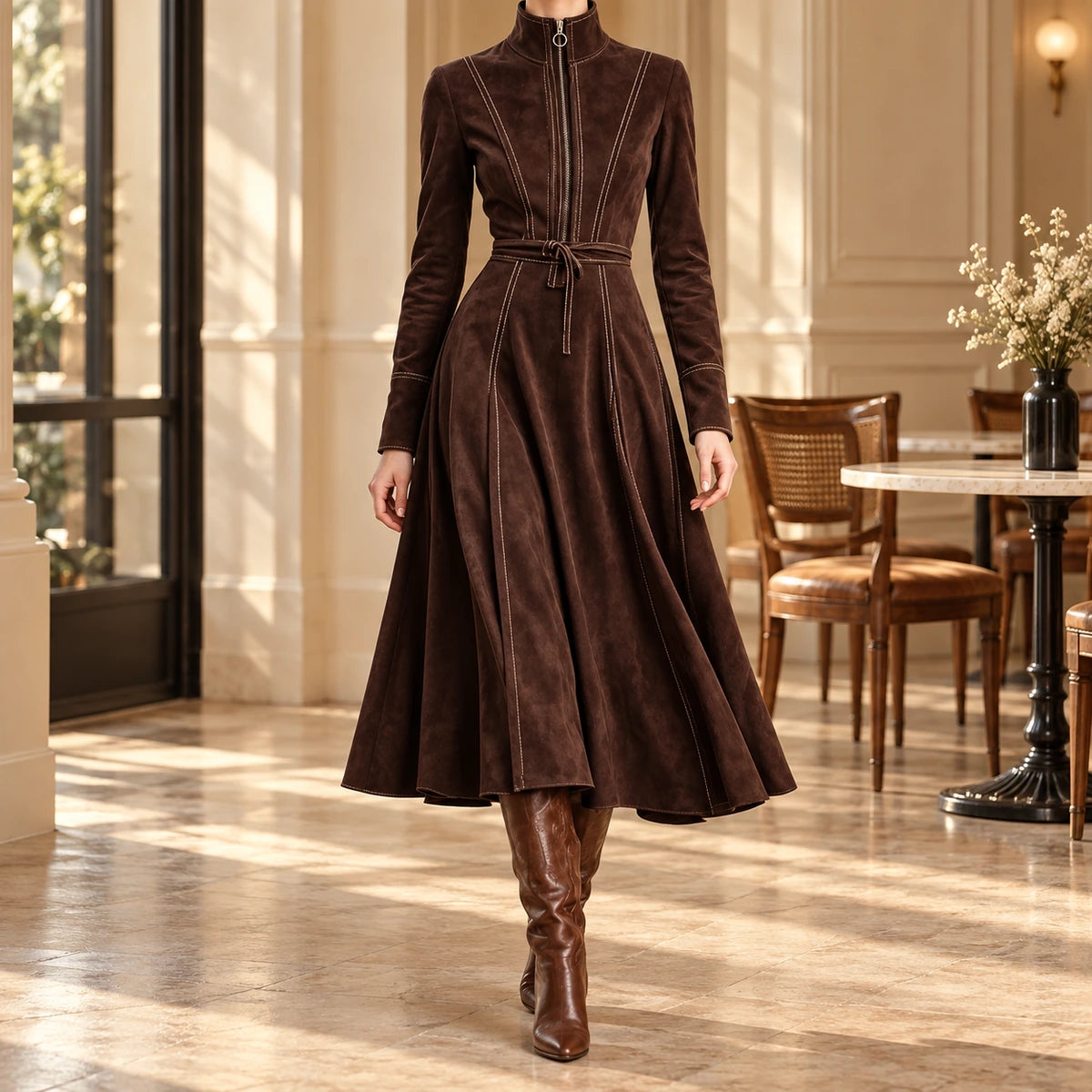 Belted Midi Dress | Lucille in Dark Brown, lifestyle view