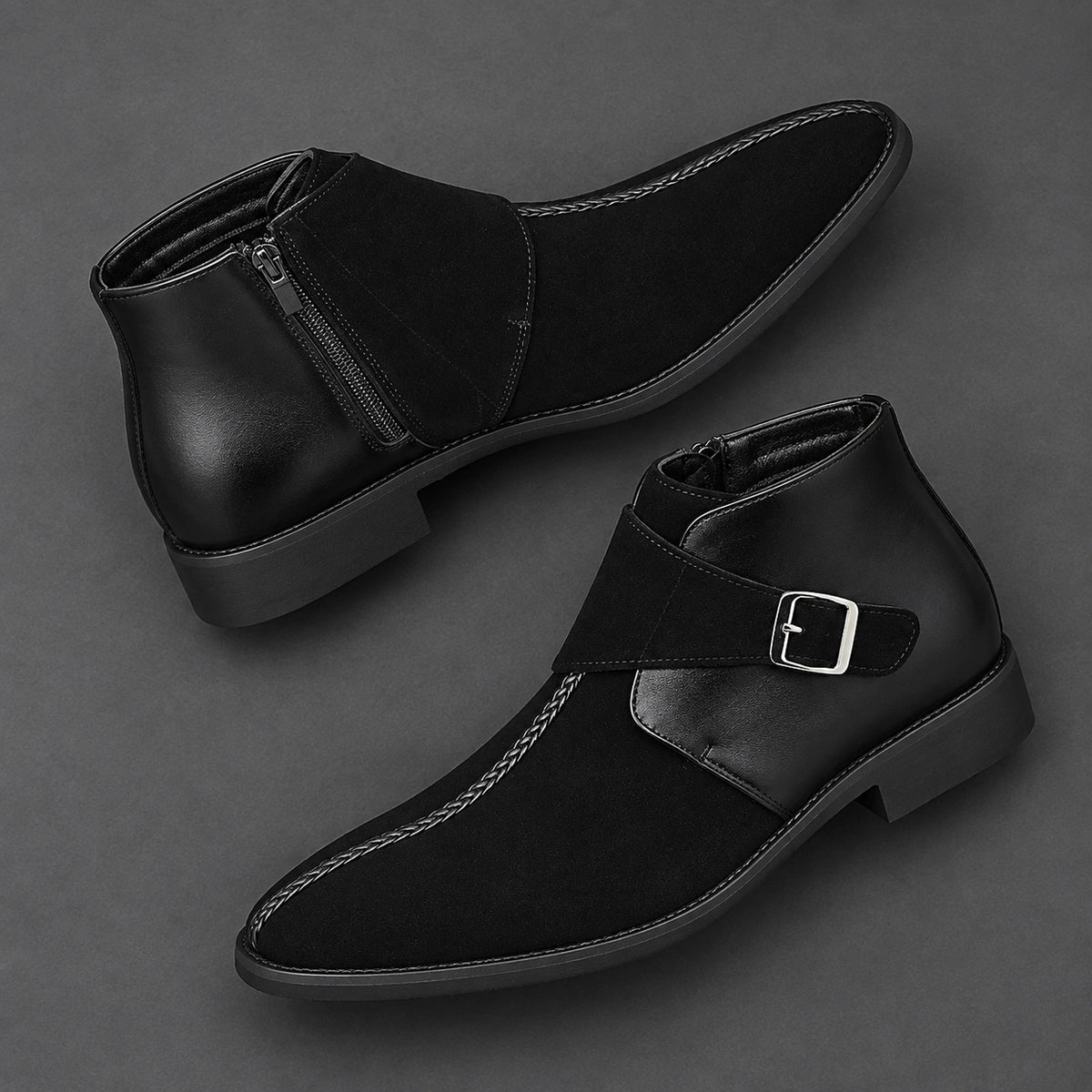 Buckle Ankle Boots | Rocco in Black, opposed overhead pair