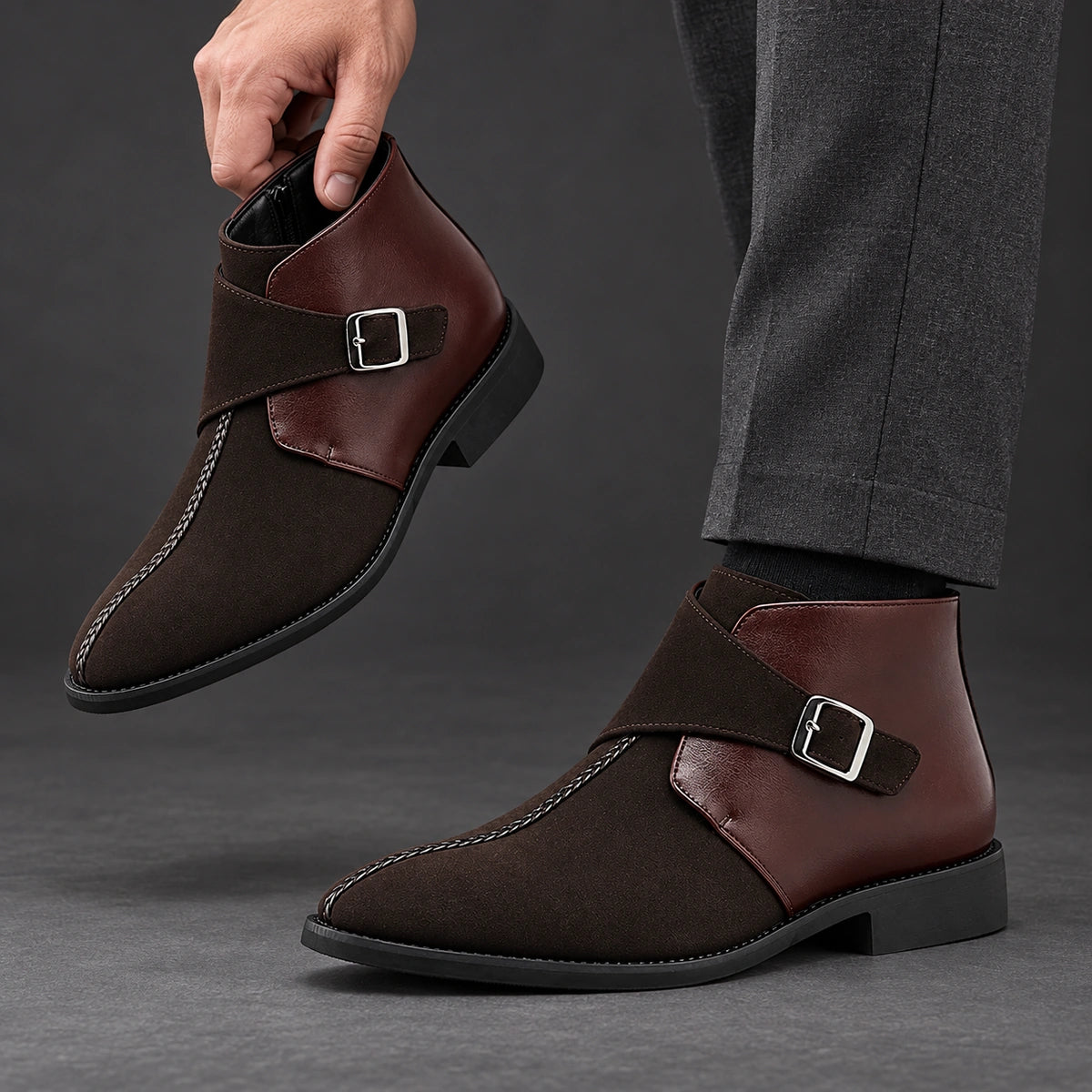 Buckle Ankle Boots | Rocco in Dark Brown, one held boot beside matching worn boot