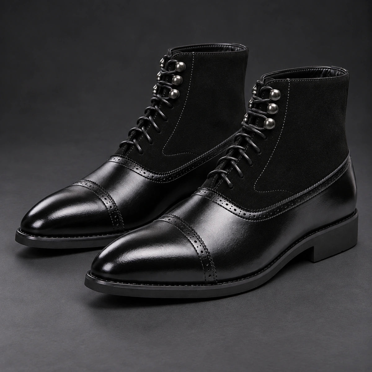 Cap Toe Lace Up Boots | Dario in Black, angled pair studio view