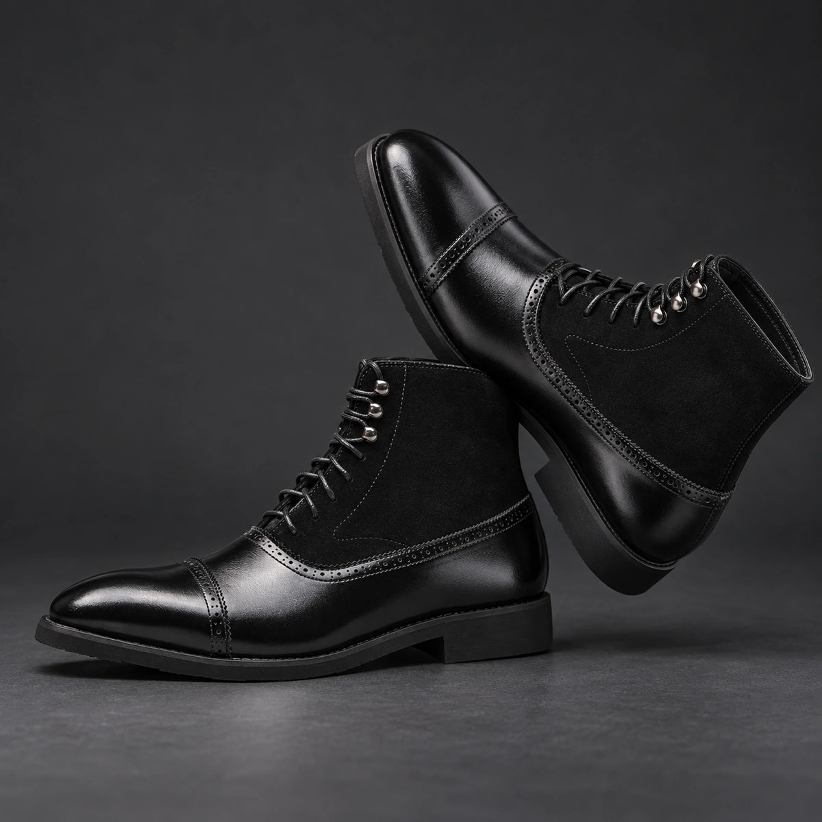 Cap Toe Lace Up Boots | Dario in Black, leaning pair side studio view