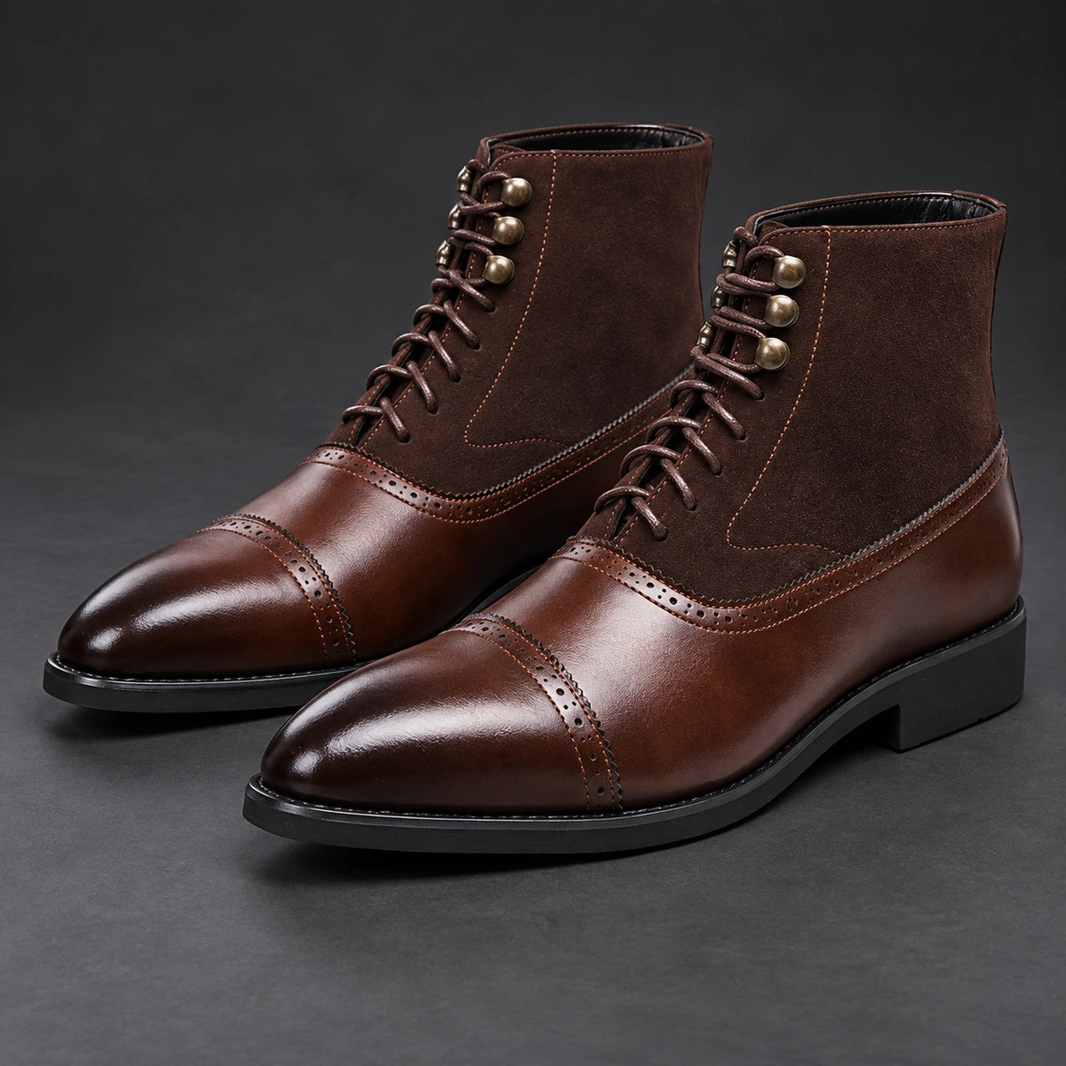 Cap Toe Lace Up Boots | Dario in Brown, angled pair studio view