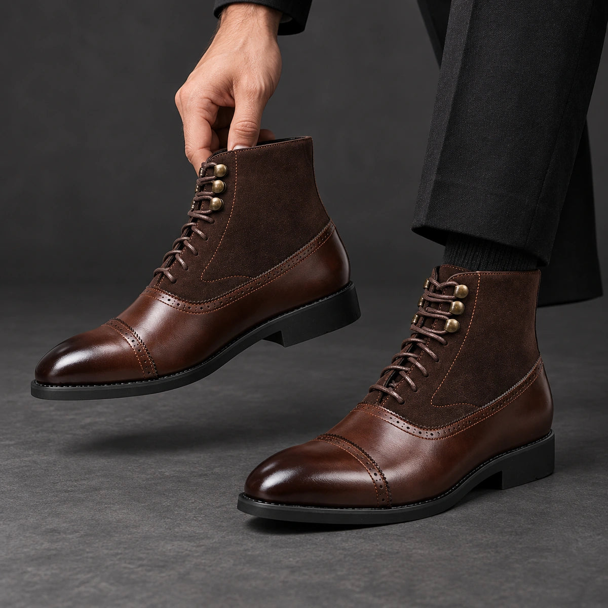 Cap Toe Lace Up Boots | Dario in Brown, one boot held beside matching worn boot