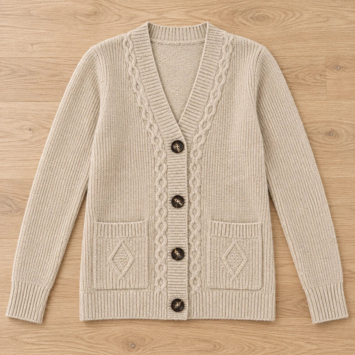 Cashmere Blend Cardigan | Ottilie in Beige overhead flat lay view