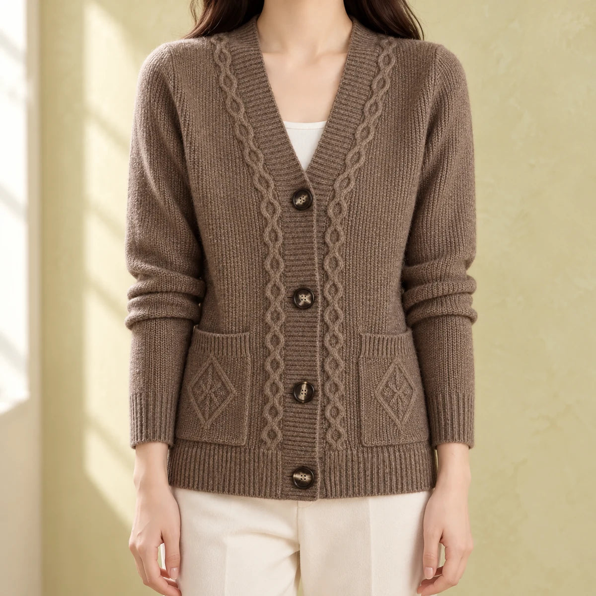 Cashmere Blend Cardigan | Ottilie in Brown neck down lifestyle view