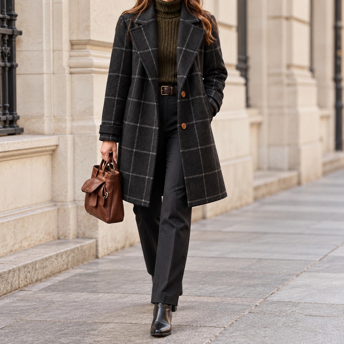 Checkered Coat | Elara in Black lifestyle model