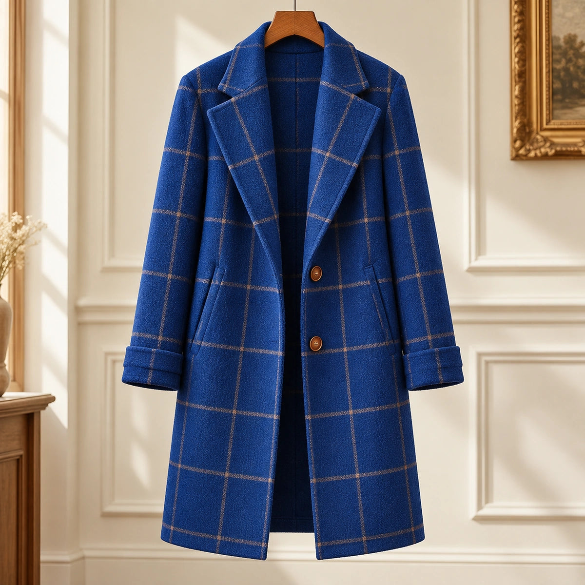 Checkered Coat | Elara in Blue, editorial front view