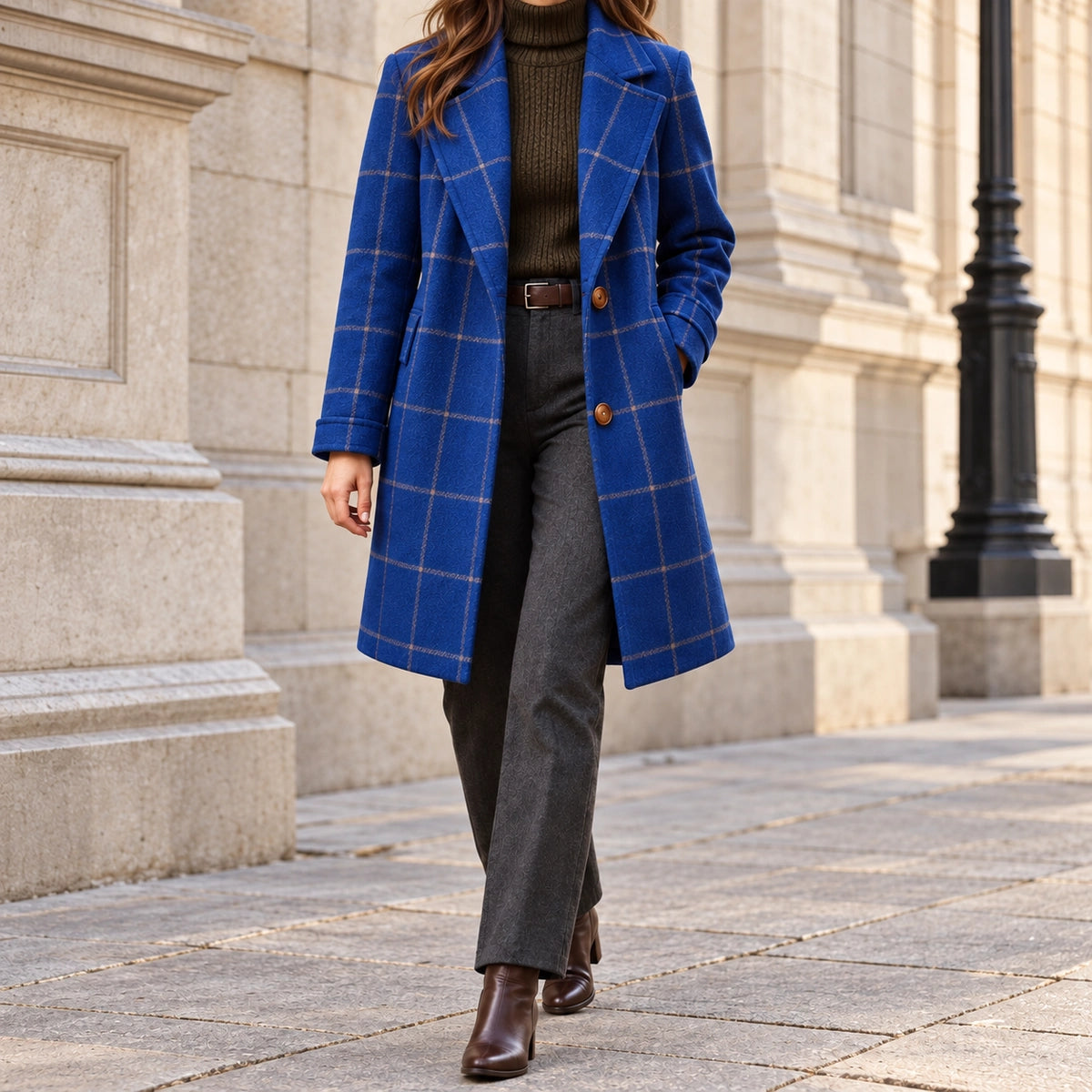 Checkered Coat | Elara in Blue lifestyle model