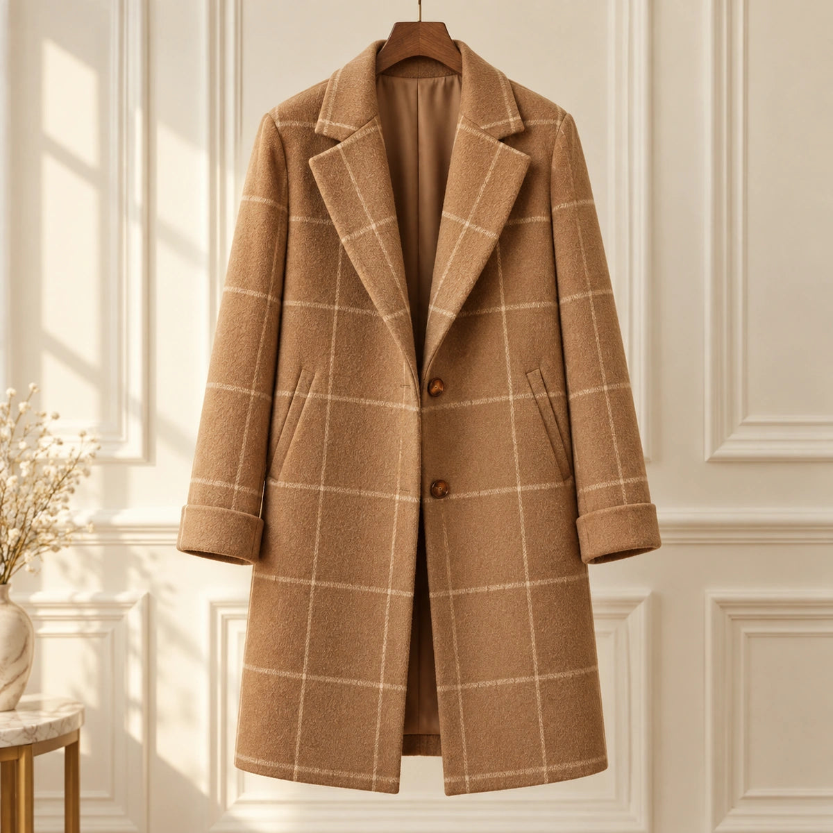 Checkered Coat | Elara in Camel, editorial front view