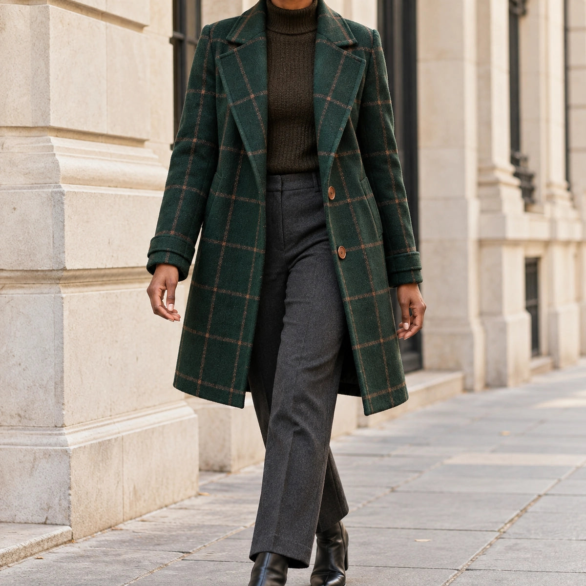 Checkered Coat | Elara in Dark Green lifestyle model