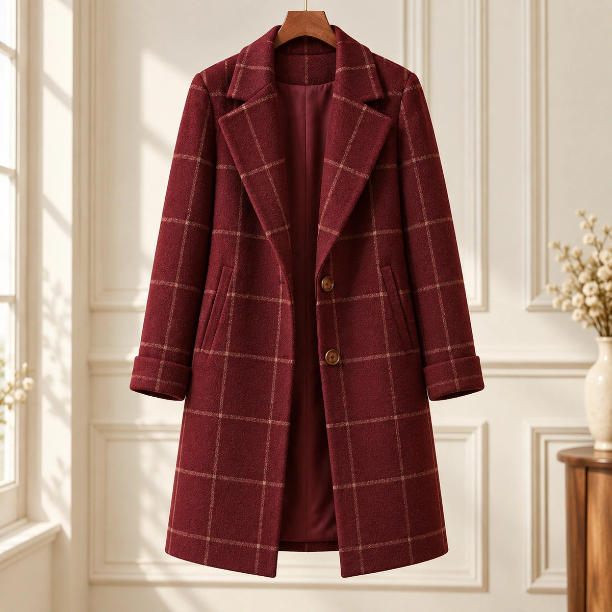 Checkered Coat | Elara in Wine Red, editorial front view