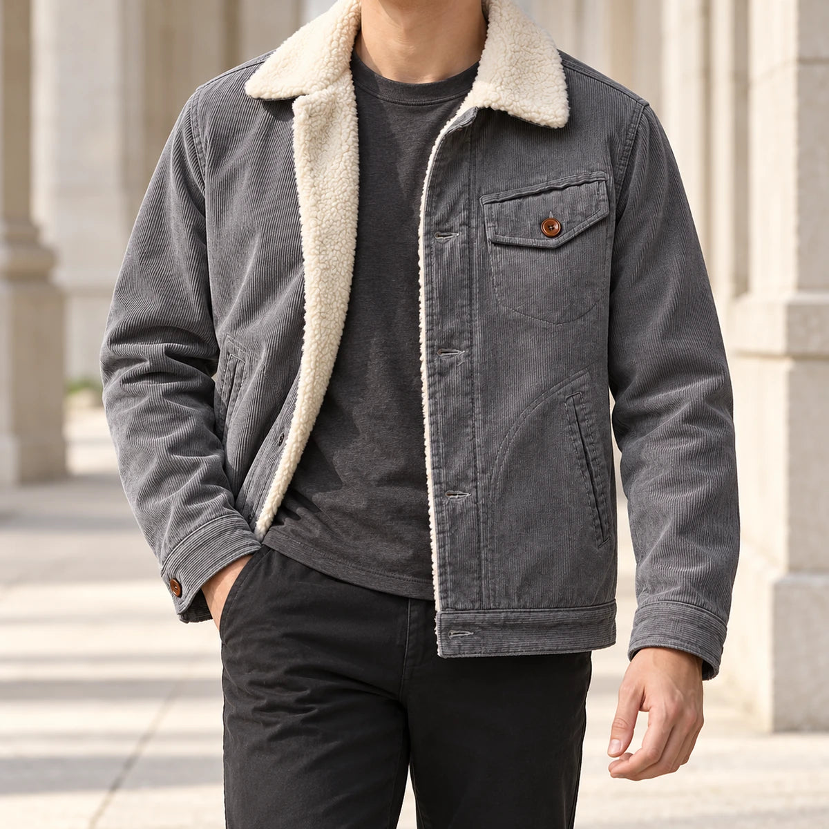 Corduroy Jacket | Alaric Gray model stone lifestyle