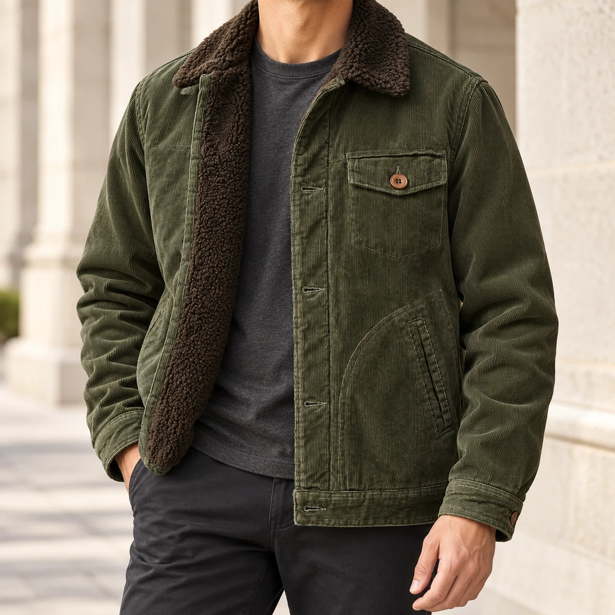 Corduroy Jacket | Alaric Green model stone lifestyle