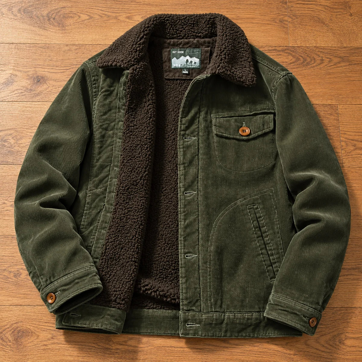 Corduroy Jacket | Alaric Green overhead wood flatlay