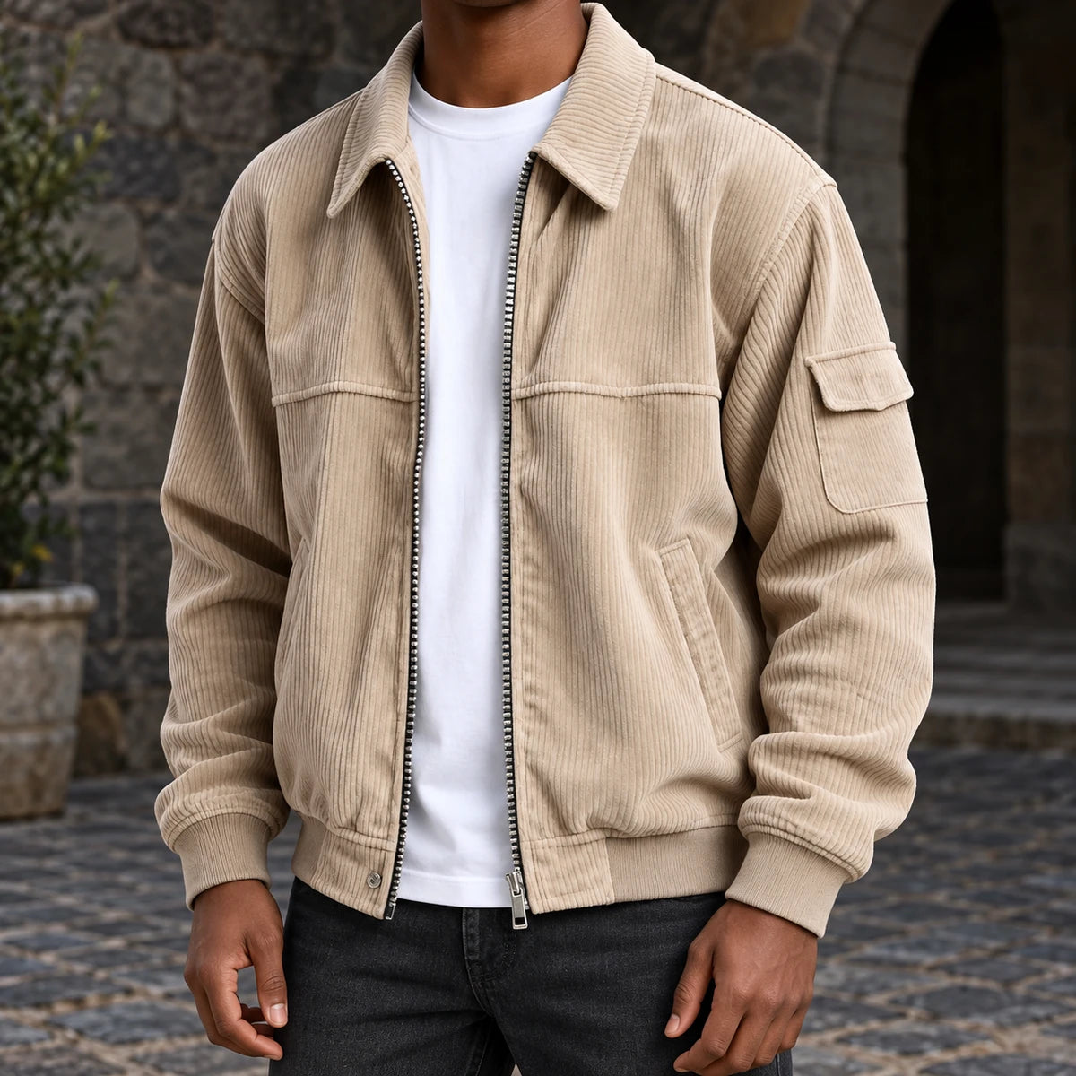 Corduroy Jacket | Eldric Beige model stone courtyard front