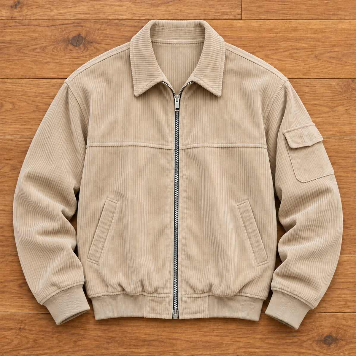 Corduroy Jacket | Eldric Beige overhead oak flatlay v2