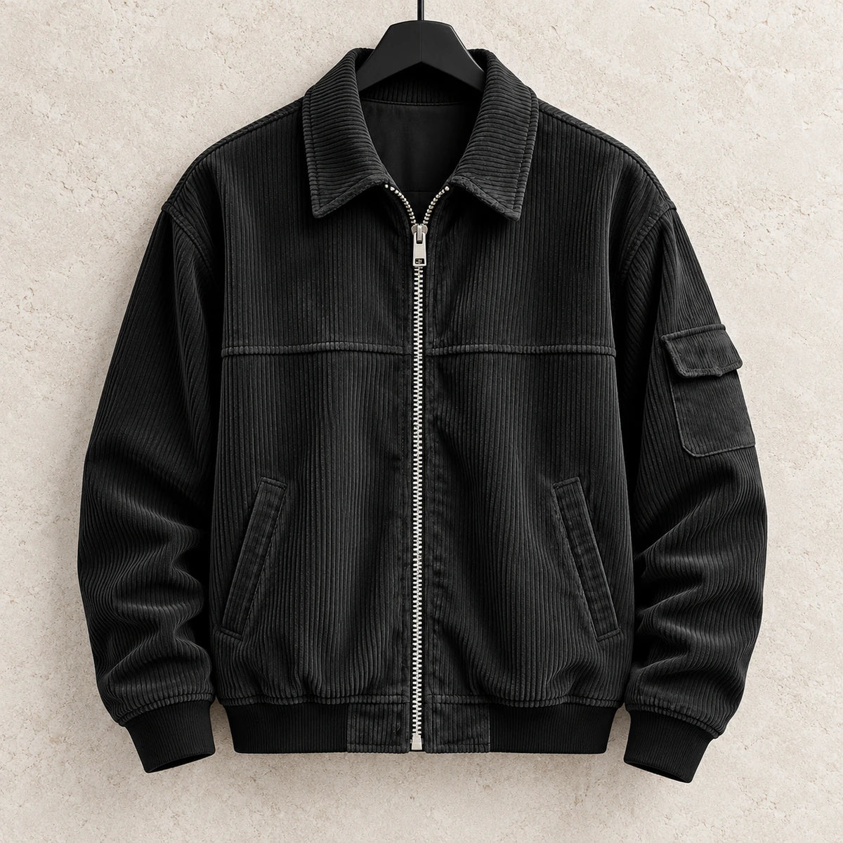 Corduroy Jacket | Eldric Black hanger limestone front