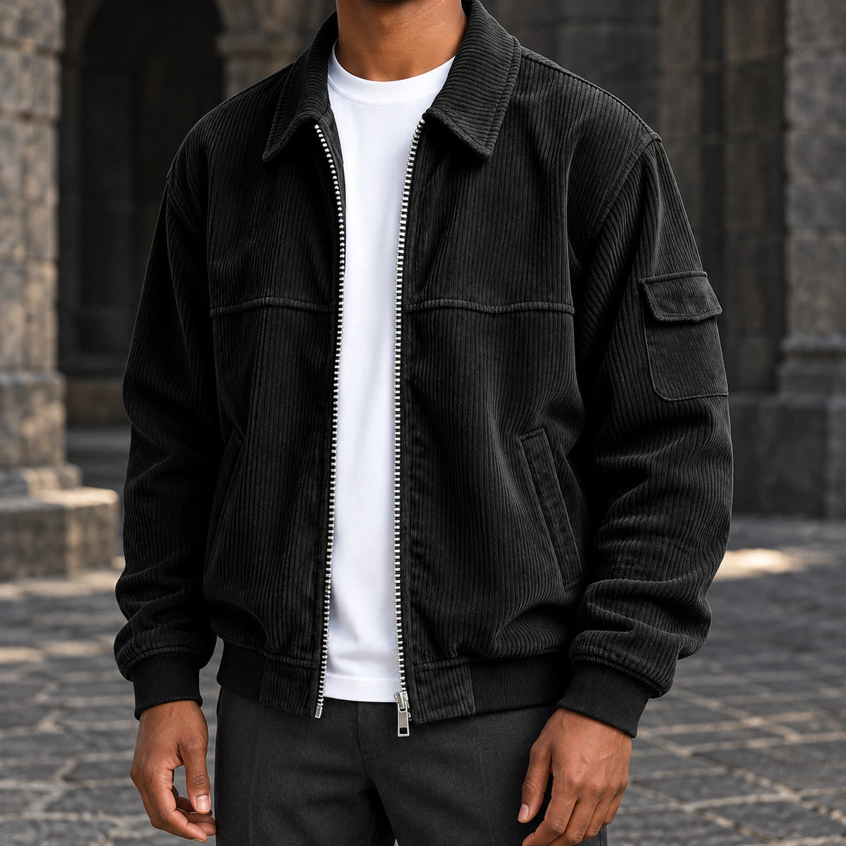 Corduroy Jacket | Eldric Black model stone courtyard front