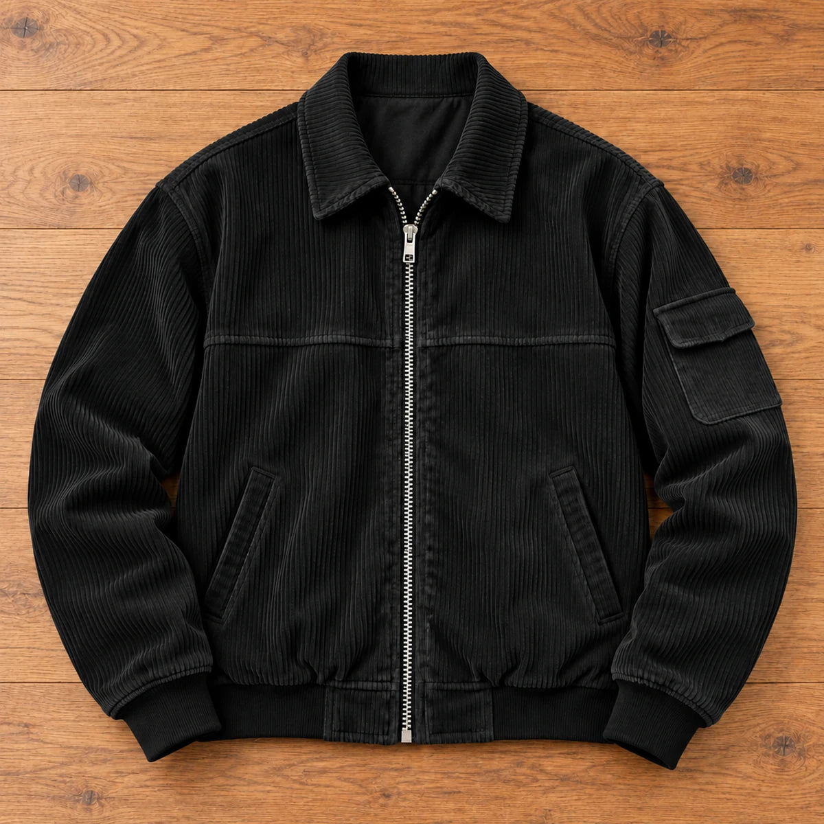 Corduroy Jacket | Eldric Black overhead oak flatlay v2