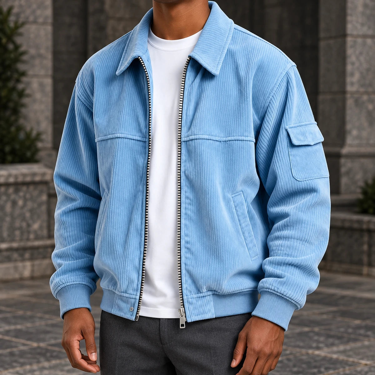 Corduroy Jacket | Eldric Blue model stone courtyard front