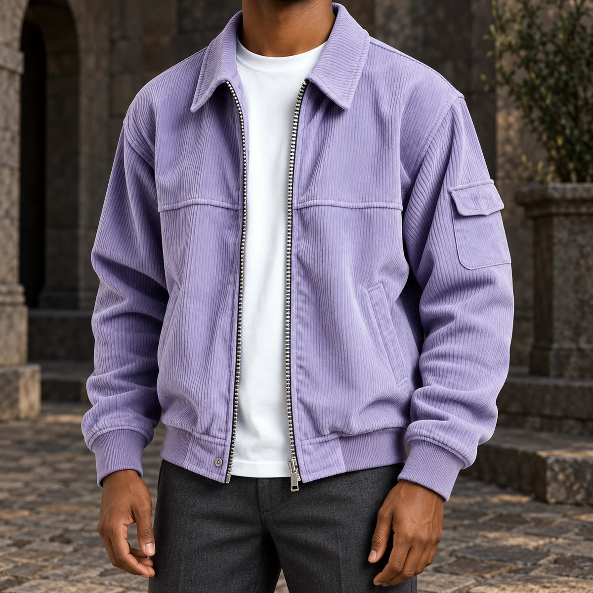 Corduroy Jacket | Eldric Purple model stone courtyard front