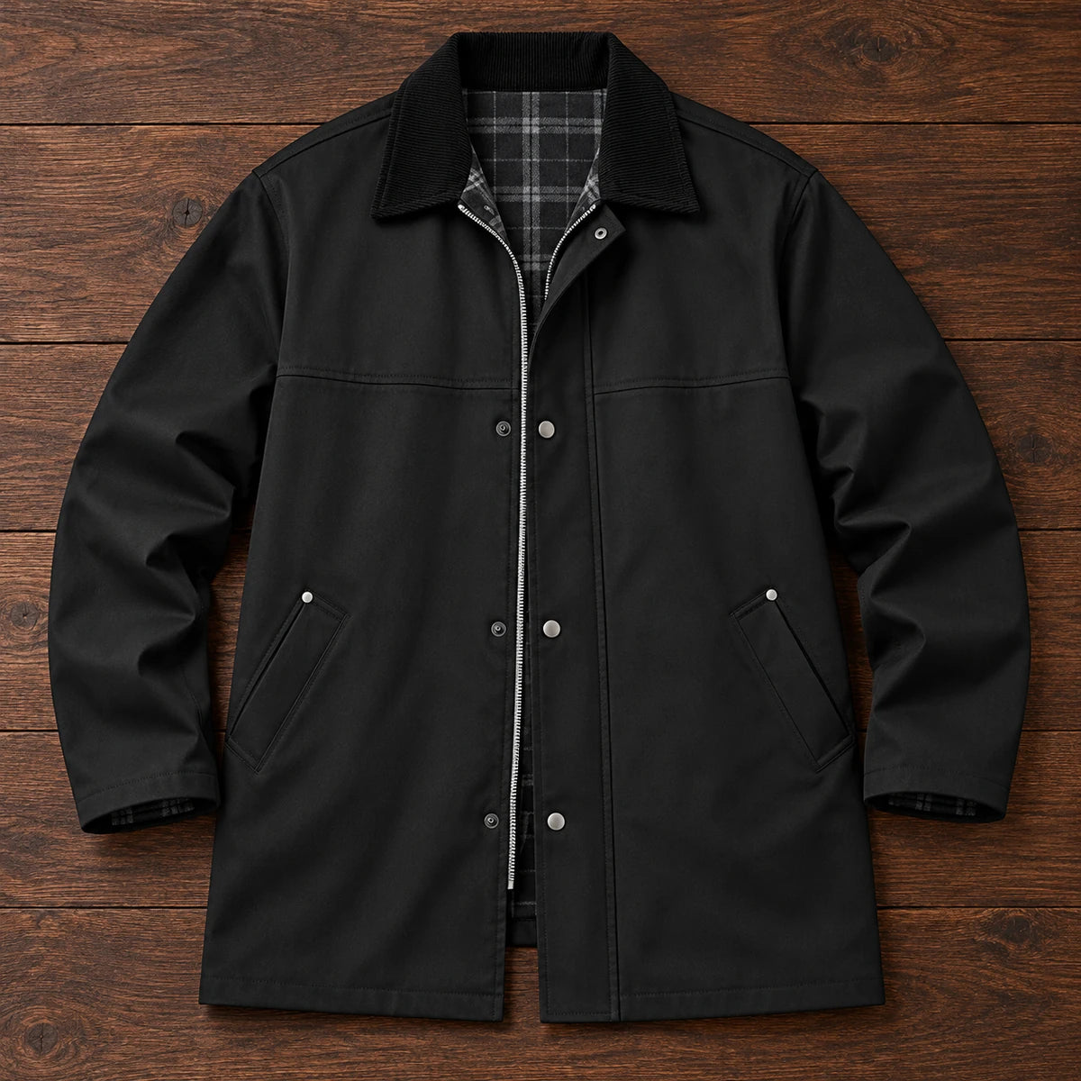 Corentin Jacket Black overhead walnut flatlay