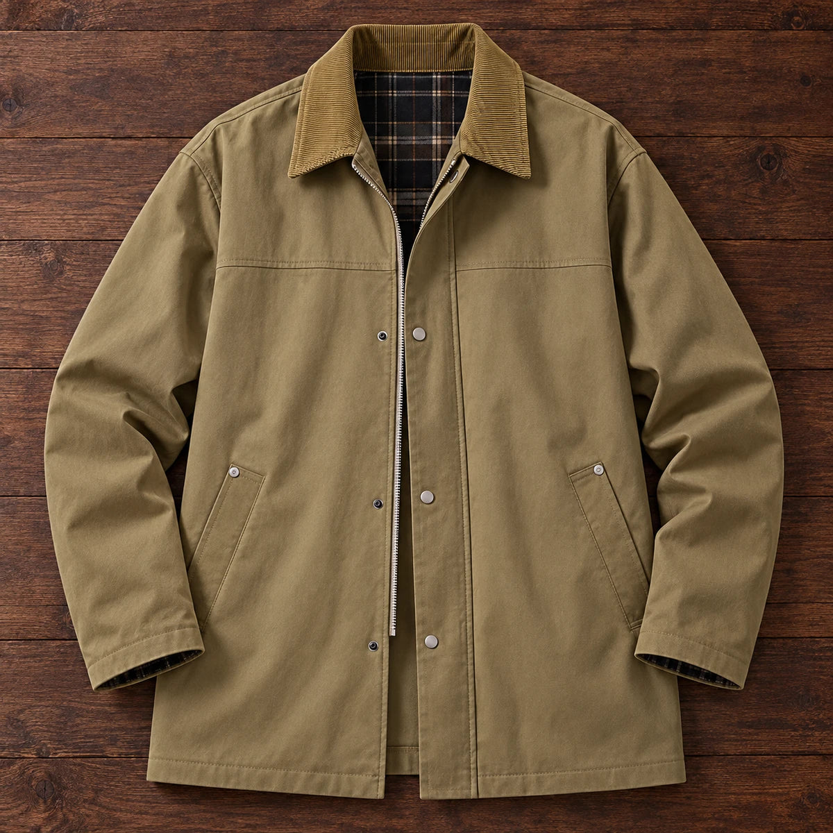 Corentin Jacket Tan overhead walnut flatlay