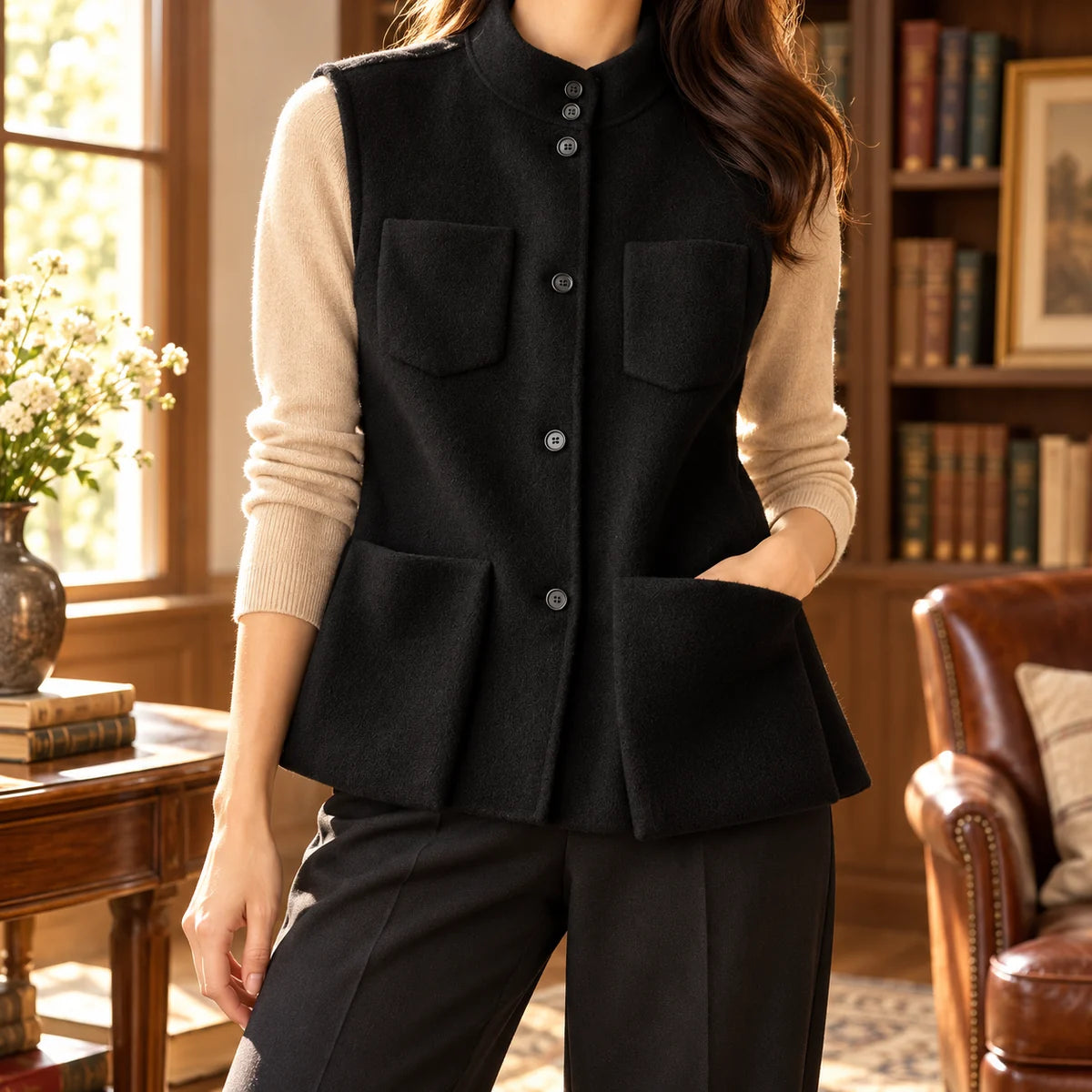 Cotton Blend Vest | Clarissa Black lifestyle