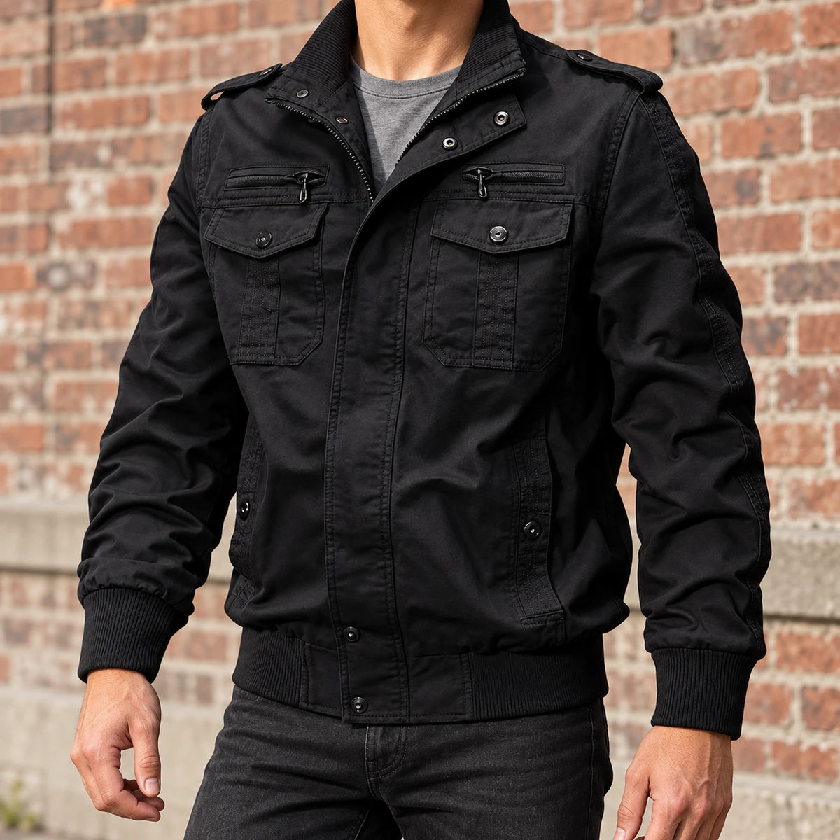 Cotton Jacket | Bertram Black model brick front