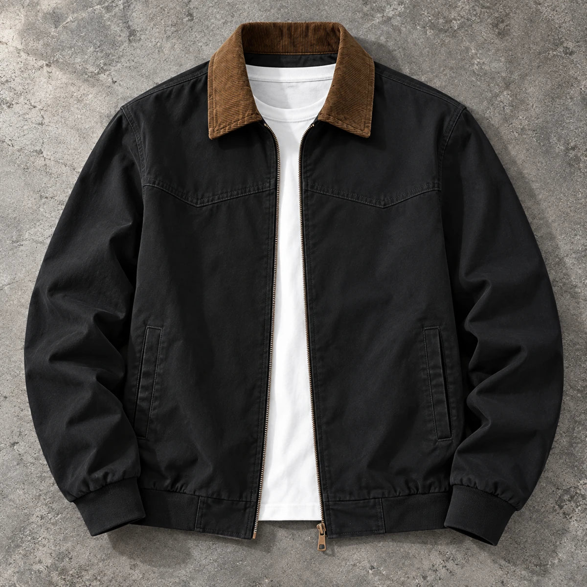 Cotton Jacket | Bennett Black true overhead flat lay on slate gray concrete