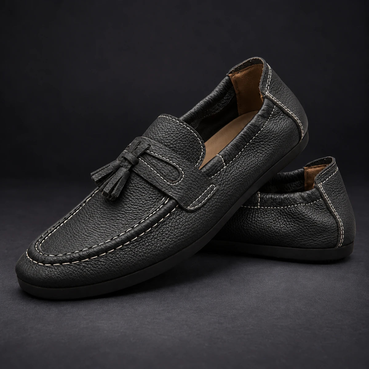 Cowhide Leather Loafers | Viggo Black stacked pair