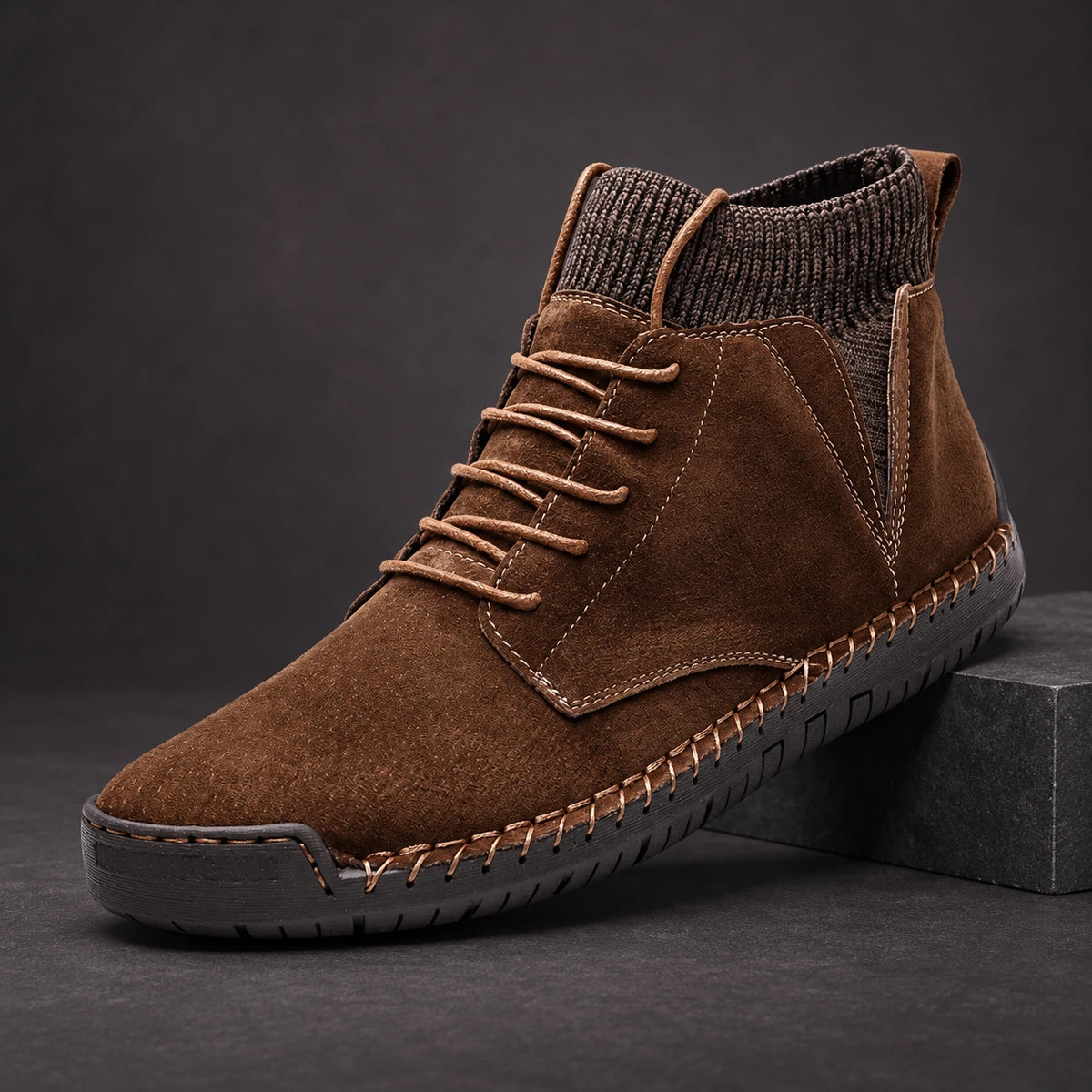 Cowhide Leather Boots | Clovis Brown diagonal pedestal