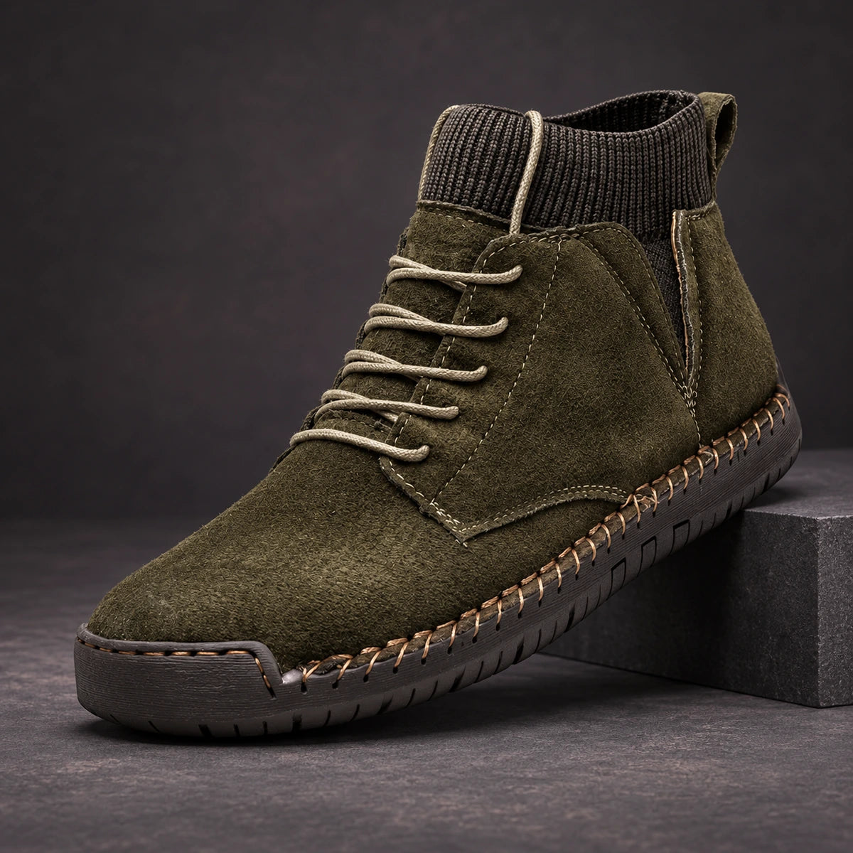 Cowhide Leather Boots | Clovis Green diagonal pedestal