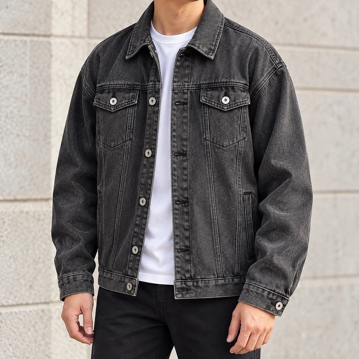 Denim Jacket | Bastien Gray model daylight lifestyle
