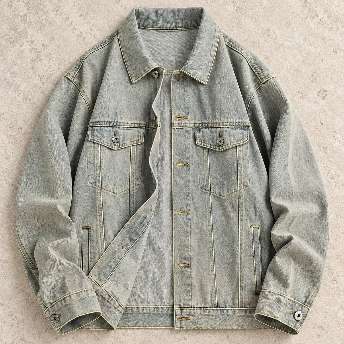 Denim Jacket | Bastien Khaki overhead rawstone flatlay