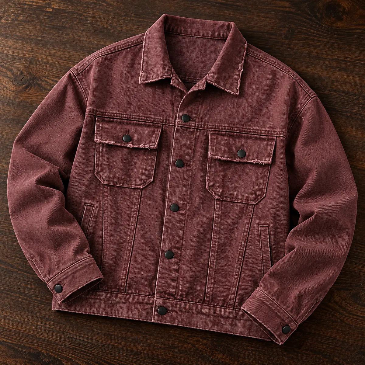 Denim Jacket | Malachy Red overhead flatlay
