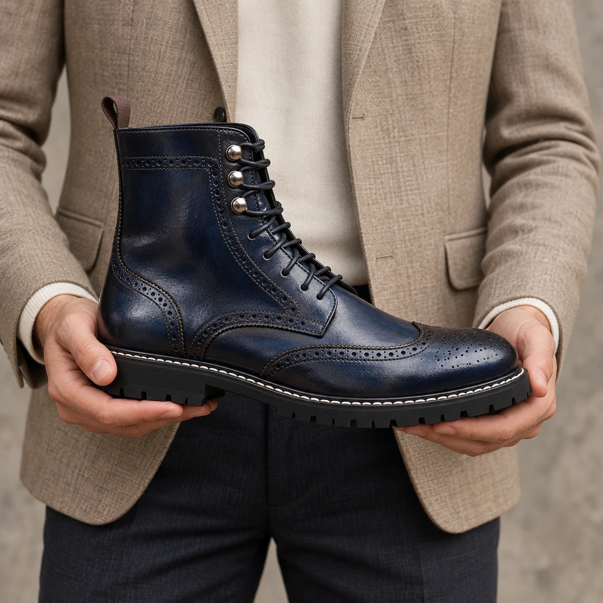 Faux Leather Boots | Edmund Blue handheld