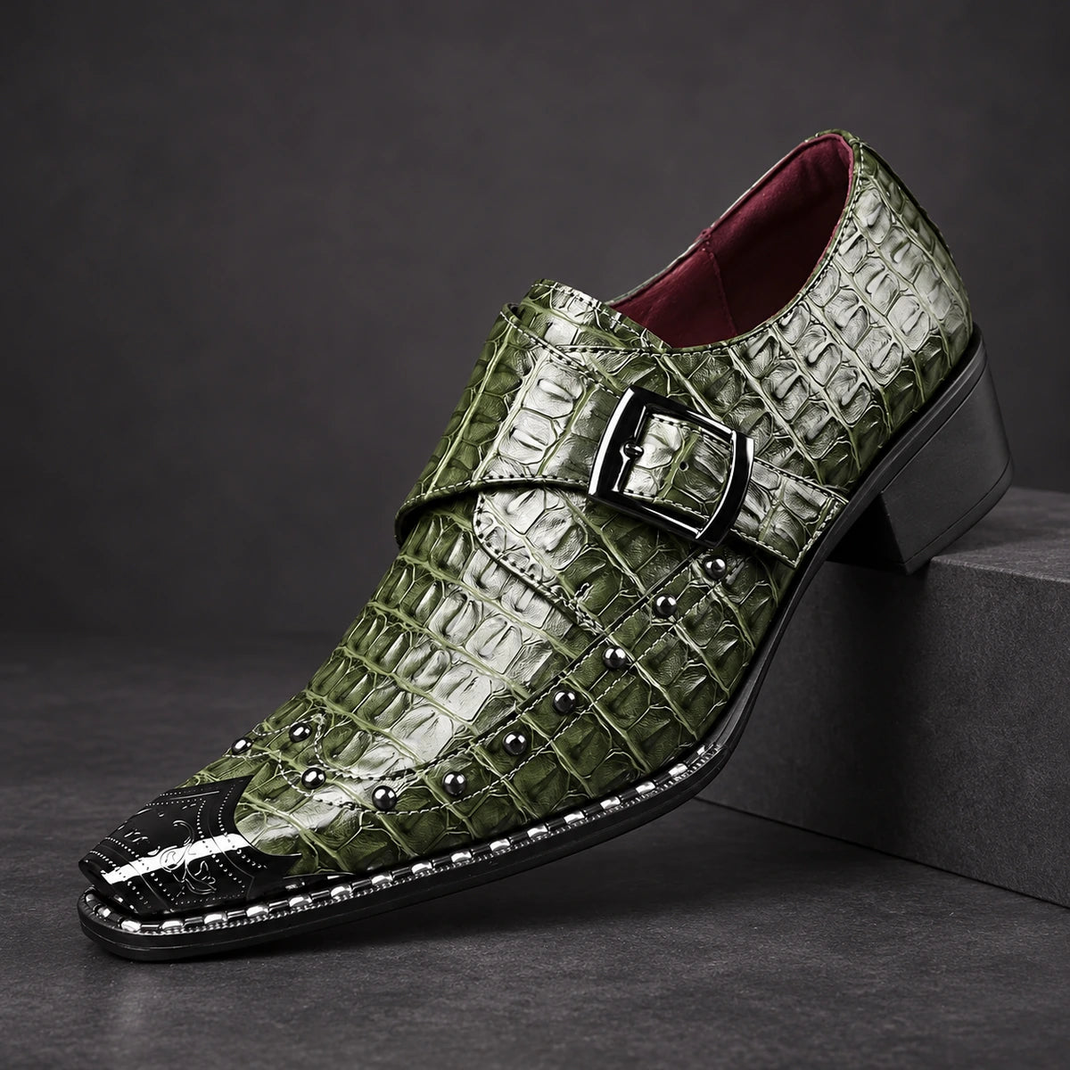 Leather Monk Shoes | Vasili Green diagonal pedestal