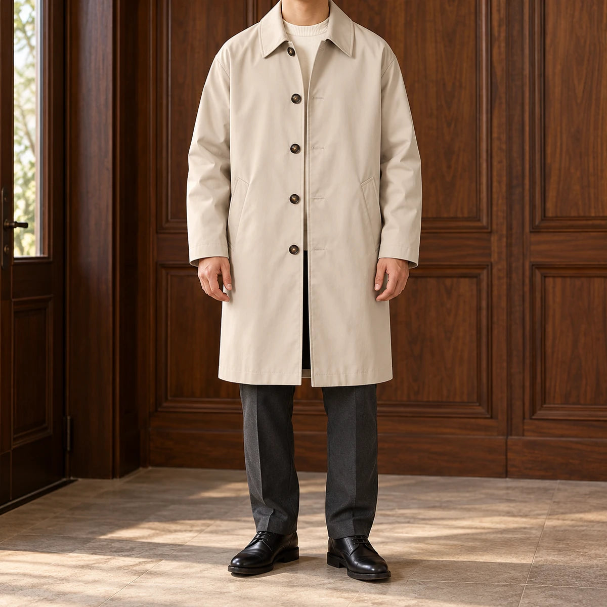Emmeric Coat Beige model walnut entry