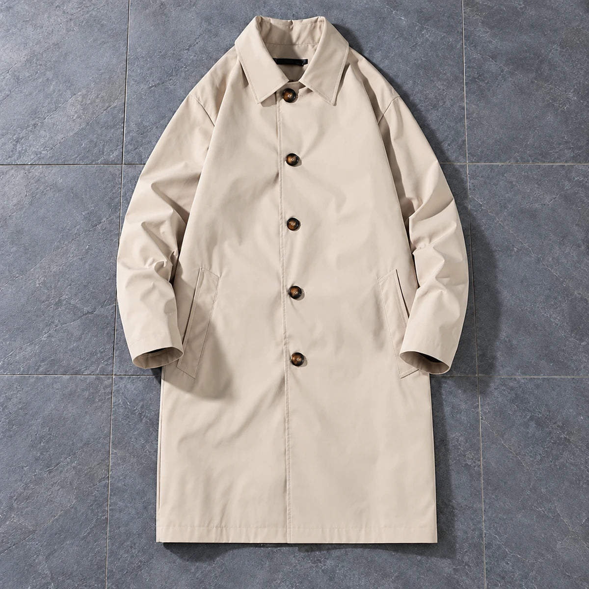 Emmeric Coat Beige overhead slate flatlay v2