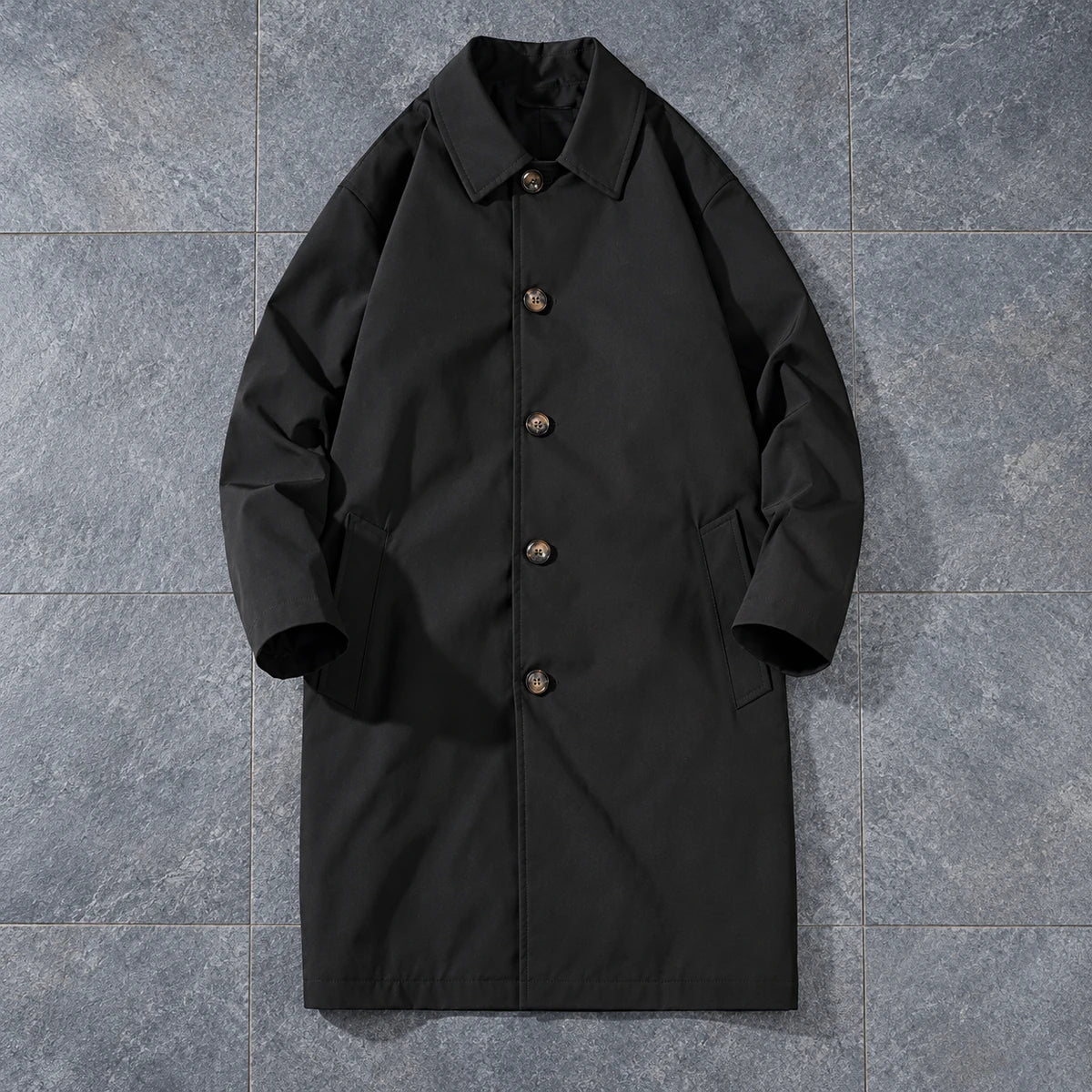 Emmeric Coat Black overhead slate flatlay