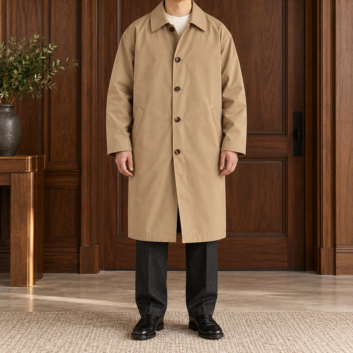 Emmeric Coat Tan model walnut entry