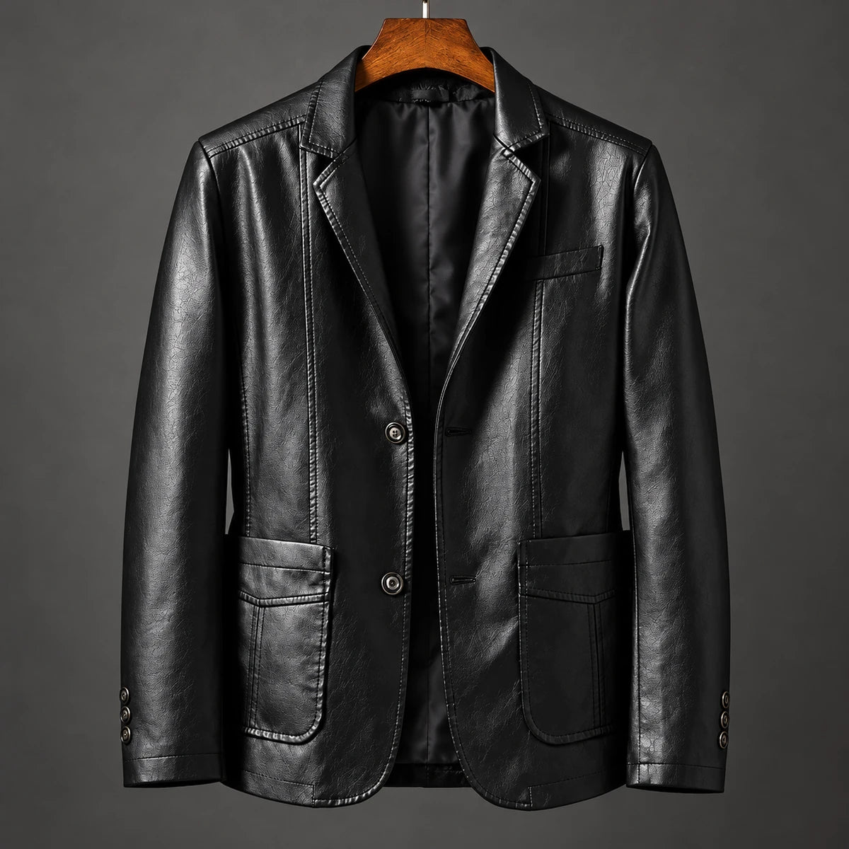 Faux Leather Blazer | Ansgar Black hanger studio front