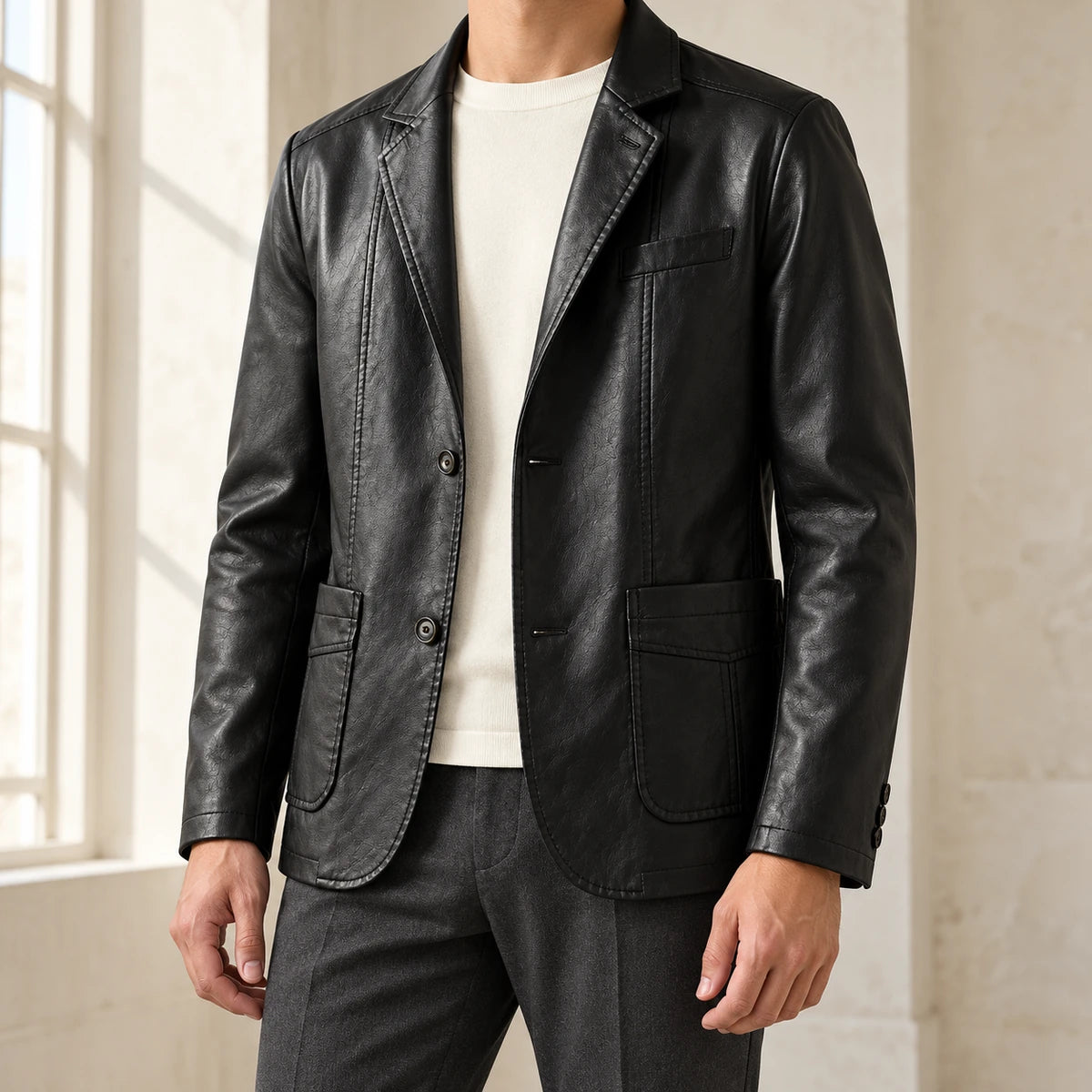 Faux Leather Blazer | Ansgar Black model atelier front