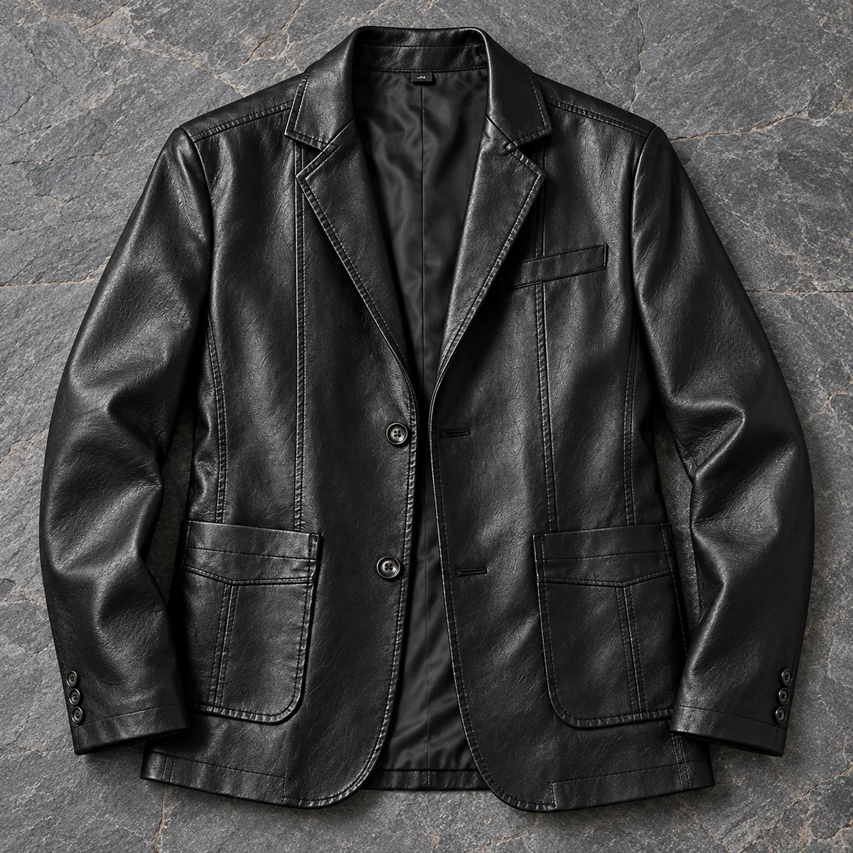 Faux Leather Blazer | Ansgar Black overhead slate flatlay
